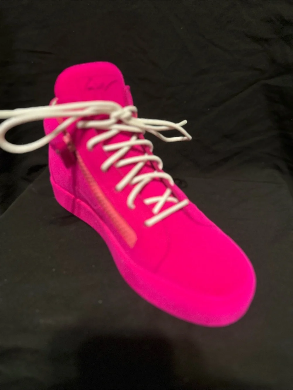 Giuseppe Zanotti Flocked Hot Pink High-Top Sneaker with White Laces